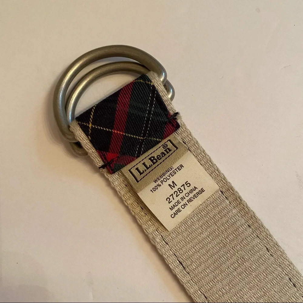 L.L. BEAN BELT BLUE GREEN PINK PLAID COTTON MATTE SILVER D RINGS SIZE M PREPPY